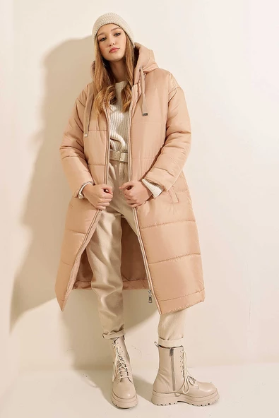 Kadın Kapüşonlu Uzun Mont Bej - 5