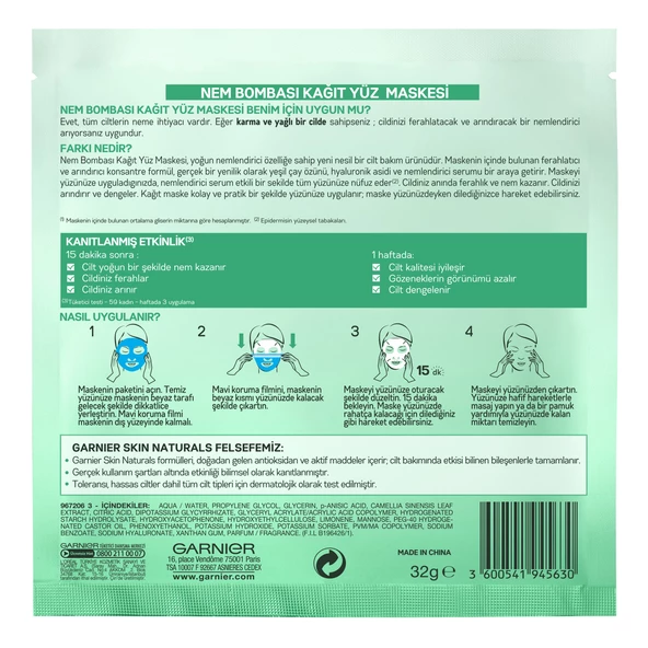 Garnier Nem Bombası Ferahlatıcı Kağıt Yüz Maskesi - 12
