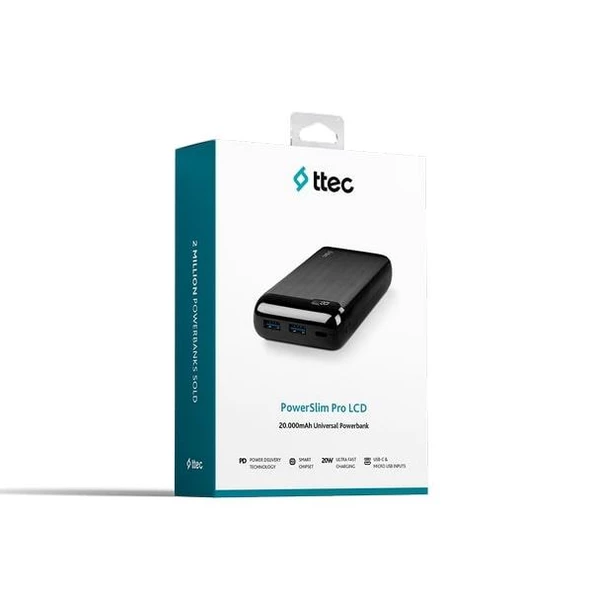 ttec PowerSlim Pro LCD 20.000 mAh PD 20W Taşınabilir Şarj Aleti / Powerbank USB-C Giriş/Çıkış 2BB186S Siyah