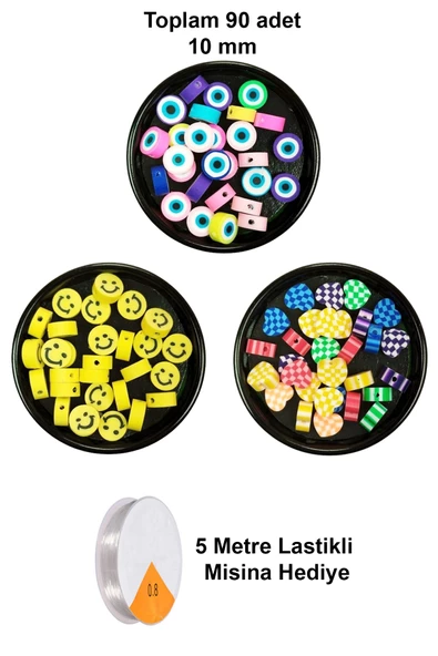 90 Adet 10 mm Polimer Kil Fimo Boncuk Takı Bileklik + 5 Metre Misina Hediye - Smile - Kalp - Nazar