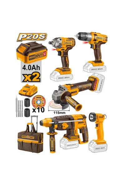 Ingco Darbeli İngco-Cklı2019 Li-İon Akülü Somun Sıkma, Vidalama, Kırıcı-Delici, Taşlama, Çalışma Lambası