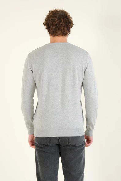 Erkek Kendinden Desenli Sıfır Yaka Kazak Gri - 6