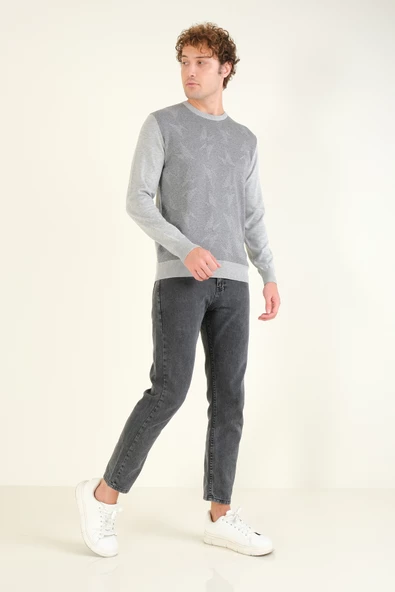 Erkek Kendinden Desenli Sıfır Yaka Kazak Gri - 5