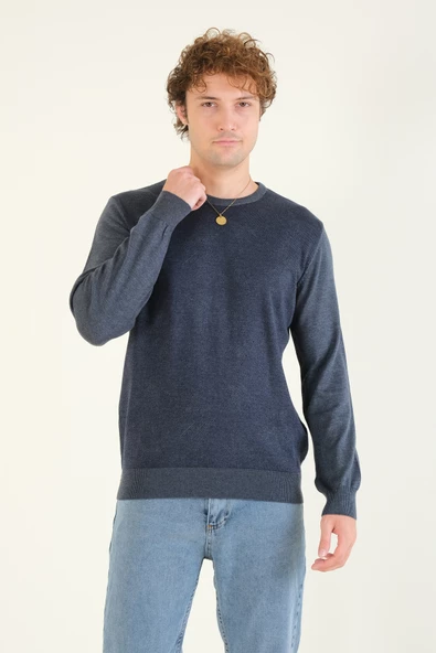 Erkek Kendinden Desenli Sıfır Yaka Kazak İndigo