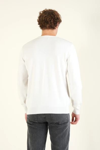 Erkek Kendinden Desenli Sıfır Yaka Kazak Ekru - Resim 6