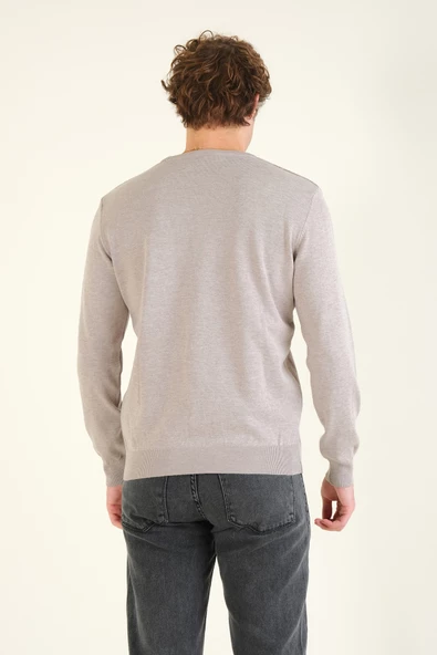 Erkek Kendinden Desenli Sıfır Yaka Kazak Vizon - 6