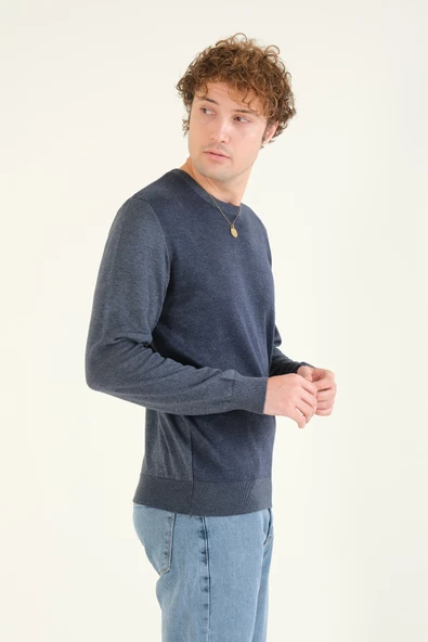 Erkek Kendinden Desenli Sıfır Yaka Kazak İndigo - 2