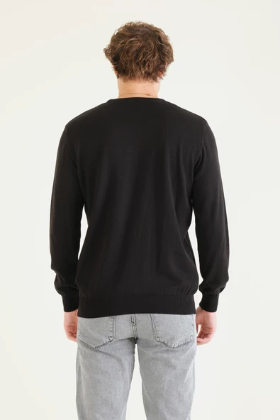 Erkek Kendinden Desenli Sıfır Yaka Kazak Siyah - 6