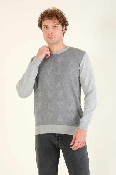 Erkek Kendinden Desenli Sıfır Yaka Kazak Gri - 2