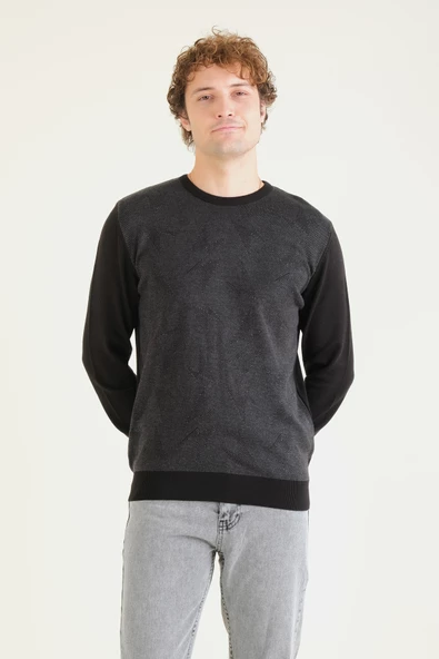 Erkek Kendinden Desenli Sıfır Yaka Kazak Siyah - 3