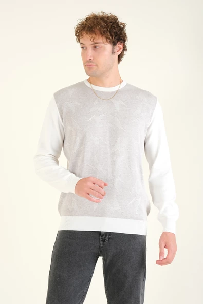 Erkek Kendinden Desenli Sıfır Yaka Kazak Ekru - Resim 4