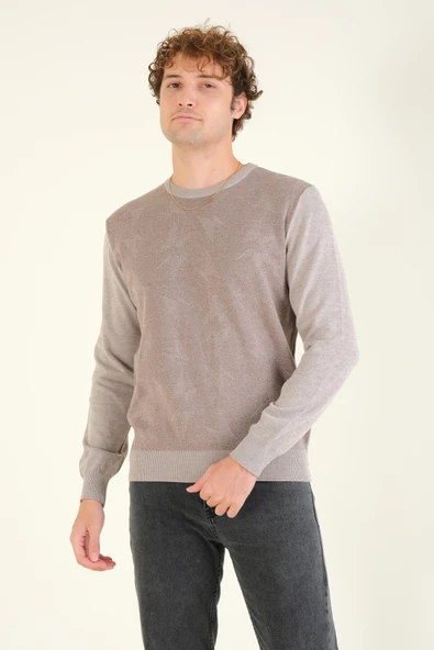 Erkek Kendinden Desenli Sıfır Yaka Kazak Vizon