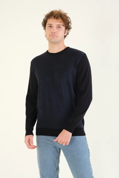 Erkek Kendinden Desenli Sıfır Yaka Kazak Lacivert - 2