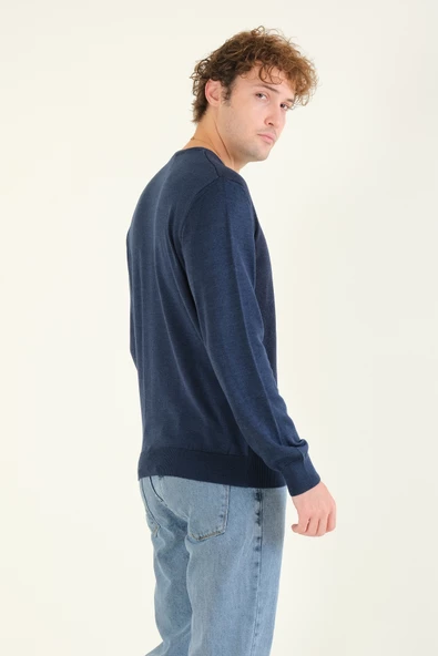 Erkek Kendinden Desenli Sıfır Yaka Kazak Koyu Mavi - 6