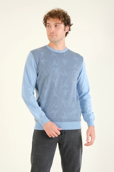 Erkek Kendinden Desenli Sıfır Yaka Kazak Mavi