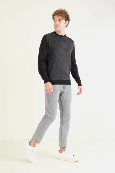 Erkek Kendinden Desenli Sıfır Yaka Kazak Siyah - 5