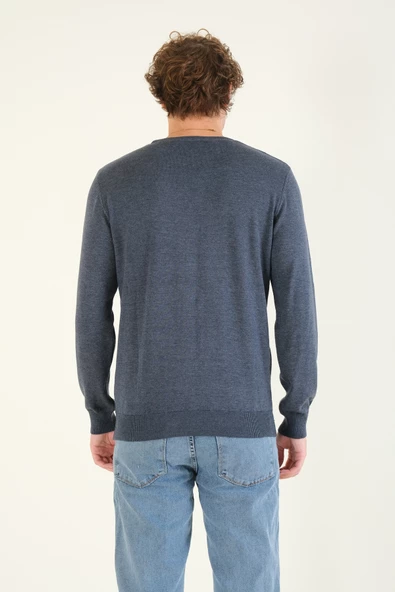 Erkek Kendinden Desenli Sıfır Yaka Kazak İndigo - 5