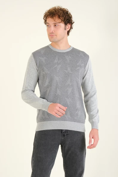 Erkek Kendinden Desenli Sıfır Yaka Kazak Gri - 3