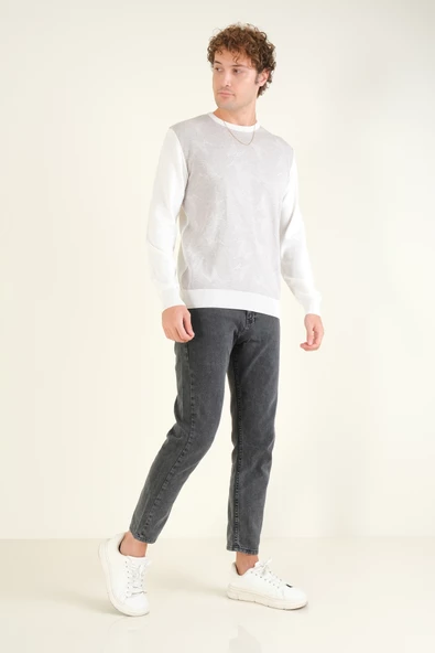 Erkek Kendinden Desenli Sıfır Yaka Kazak Ekru - Resim 5