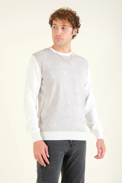 Erkek Kendinden Desenli Sıfır Yaka Kazak Ekru - Resim 2