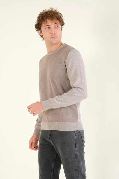 Erkek Kendinden Desenli Sıfır Yaka Kazak Vizon - 4