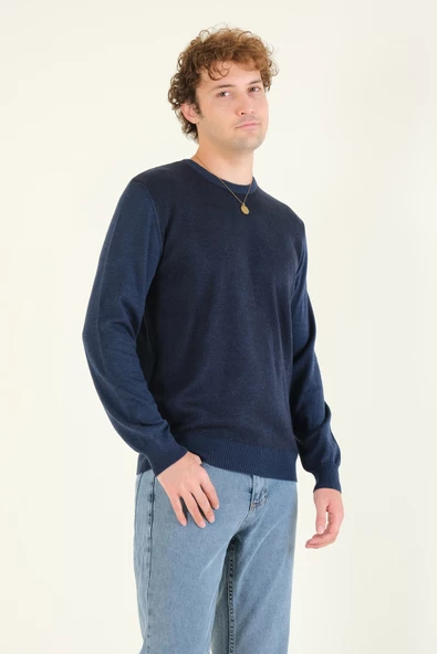 Erkek Kendinden Desenli Sıfır Yaka Kazak Koyu Mavi - 4