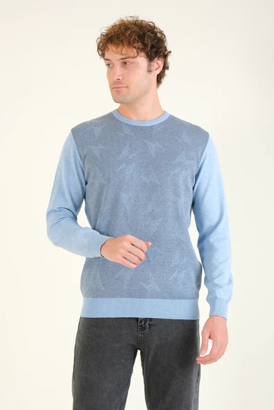 Erkek Kendinden Desenli Sıfır Yaka Kazak Mavi - 3