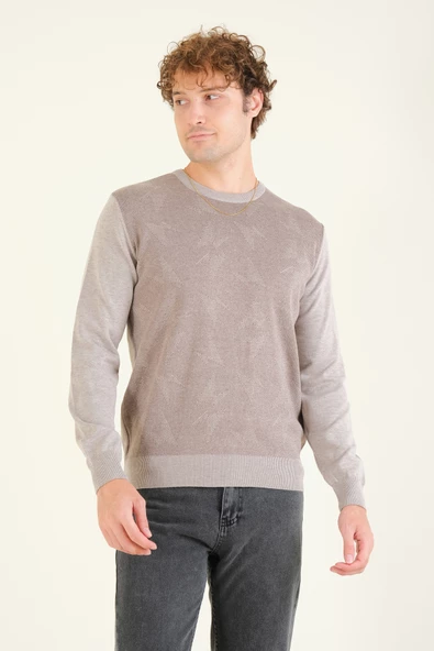 Erkek Kendinden Desenli Sıfır Yaka Kazak Vizon - 2