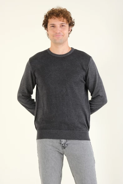 Erkek Kendinden Desenli Sıfır Yaka Kazak Antrasit - Resim 2