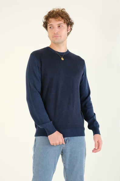 Erkek Kendinden Desenli Sıfır Yaka Kazak Koyu Mavi - 2