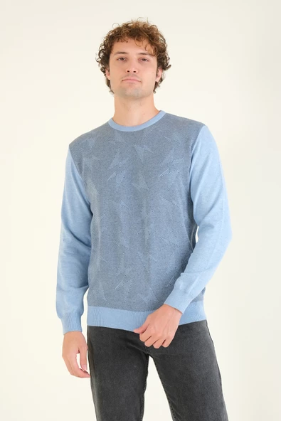 Erkek Kendinden Desenli Sıfır Yaka Kazak Mavi - 4