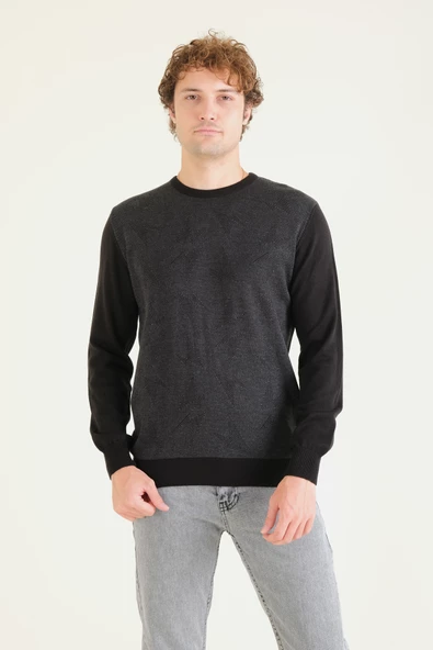 Erkek Kendinden Desenli Sıfır Yaka Kazak Siyah - 4