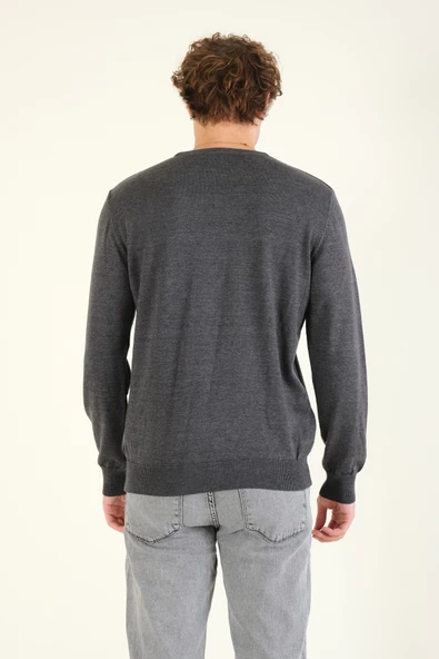 Erkek Kendinden Desenli Sıfır Yaka Kazak Antrasit - Resim 6