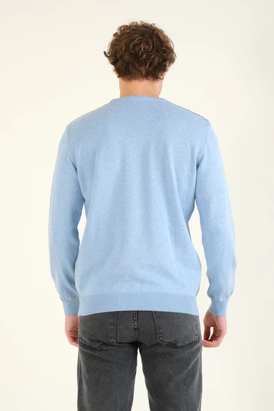 Erkek Kendinden Desenli Sıfır Yaka Kazak Mavi - 6