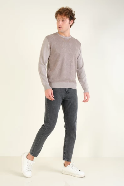 Erkek Kendinden Desenli Sıfır Yaka Kazak Vizon - 5