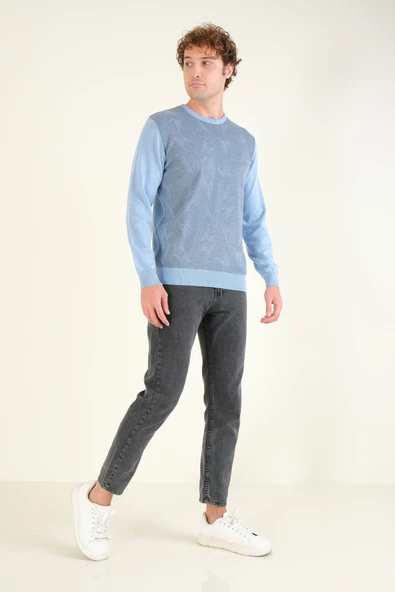 Erkek Kendinden Desenli Sıfır Yaka Kazak Mavi - 5