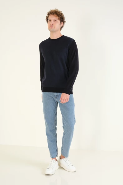 Erkek Kendinden Desenli Sıfır Yaka Kazak Lacivert - 4