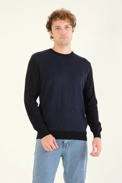 Erkek Kendinden Desenli Sıfır Yaka Kazak Lacivert - 3