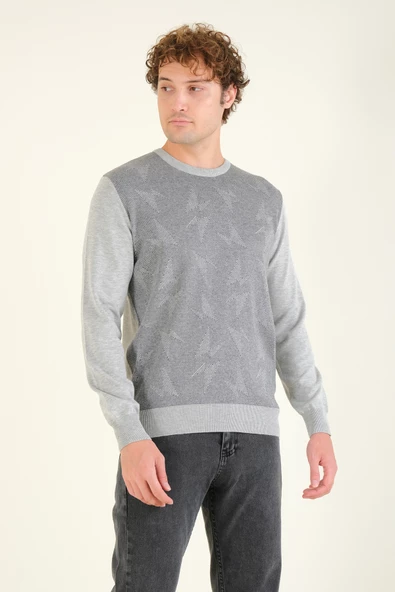 Erkek Kendinden Desenli Sıfır Yaka Kazak Gri