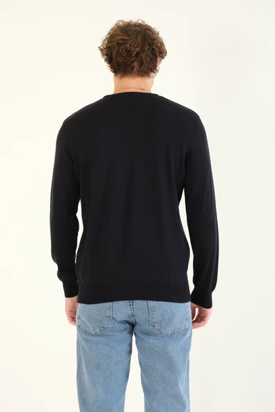 Erkek Kendinden Desenli Sıfır Yaka Kazak Lacivert - 5