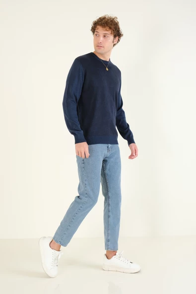 Erkek Kendinden Desenli Sıfır Yaka Kazak Koyu Mavi - 5