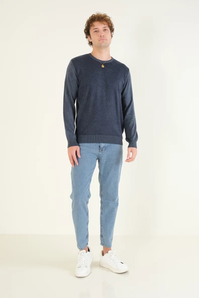 Erkek Kendinden Desenli Sıfır Yaka Kazak İndigo - 4