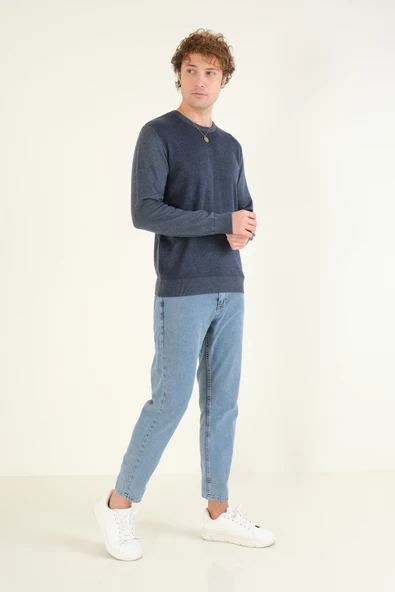 Erkek Kendinden Desenli Sıfır Yaka Kazak İndigo - 3