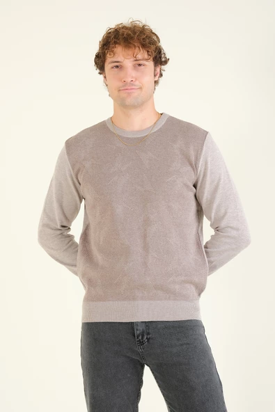 Erkek Kendinden Desenli Sıfır Yaka Kazak Vizon - 3