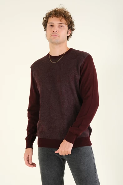 Erkek Kendinden Desenli Sıfır Yaka Kazak Bordo - Resim 2