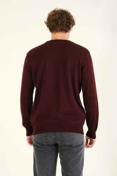 Erkek Kendinden Desenli Sıfır Yaka Kazak Bordo - Resim 6