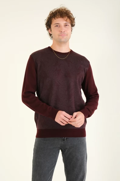 Erkek Kendinden Desenli Sıfır Yaka Kazak Bordo - Resim 4