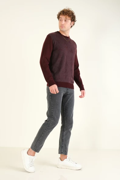 Erkek Kendinden Desenli Sıfır Yaka Kazak Bordo - Resim 5