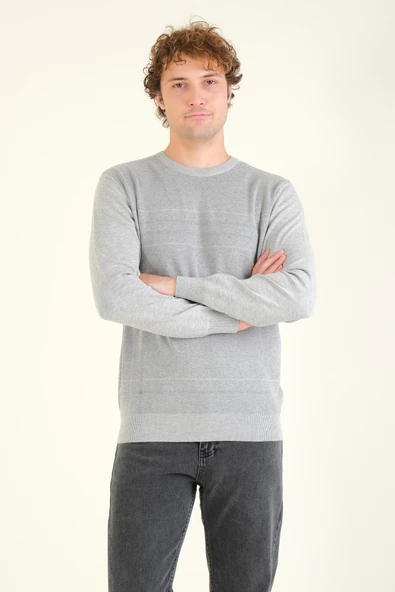 Erkek Desenli Sıfır Yaka Kazak Gri - 5