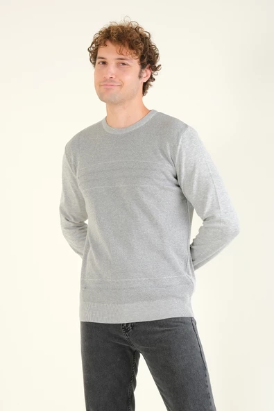 Erkek Desenli Sıfır Yaka Kazak Gri - 3